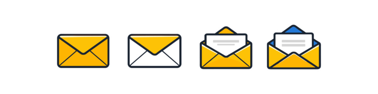 Set of four yellow envelopes showing closed and open states with paper inside