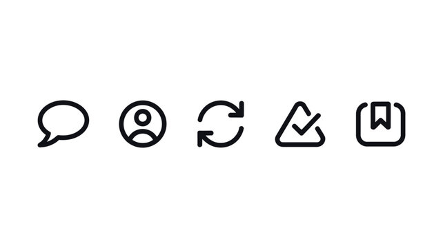 Instagram notification outline icon set, social network post reaction symbols including like, comment, repost, share and save in clean vector line style.