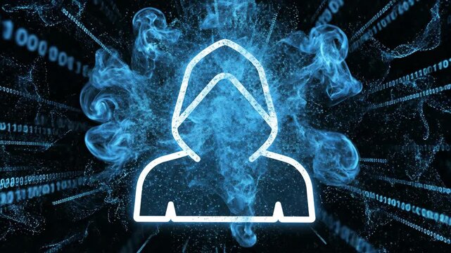A futuristic illustration of a hooded figure outlined in white with blue smoke and binary code on a black background