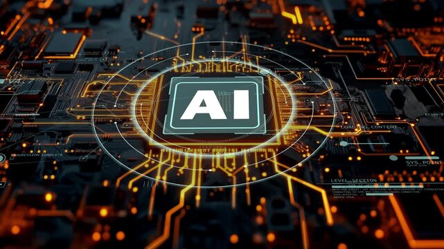 Quantum computer chip with glowing AI target icon and digital data lines, illustrating artificial intelligence, quantum computing and advanced technology innovation