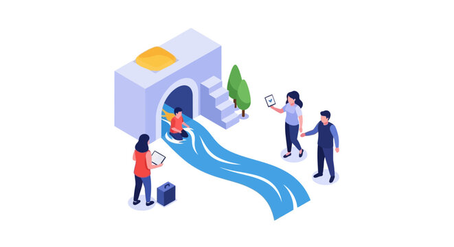 Isometric illustration of people enjoying a water slide experience in a park setting.
