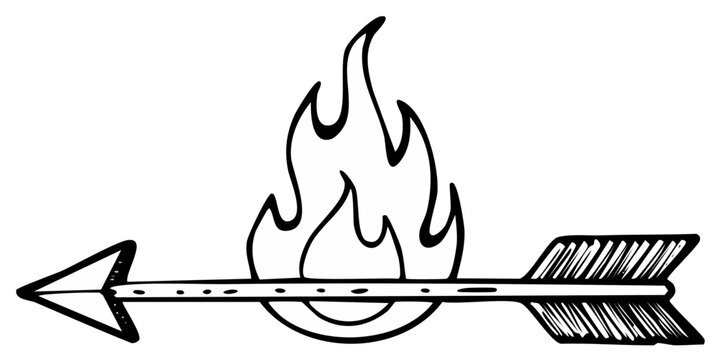 Hand drawn arrow on fire with tribal markings in black and white