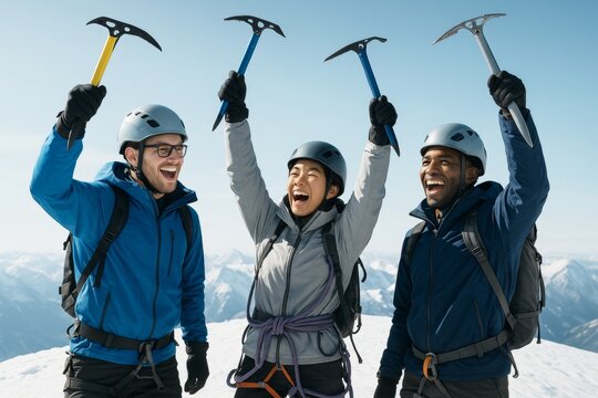 Group of climbers celebrating mountaintop success with raised ice axes under clear blue sky, expressing victory and teamwork after achievement. Ai generative