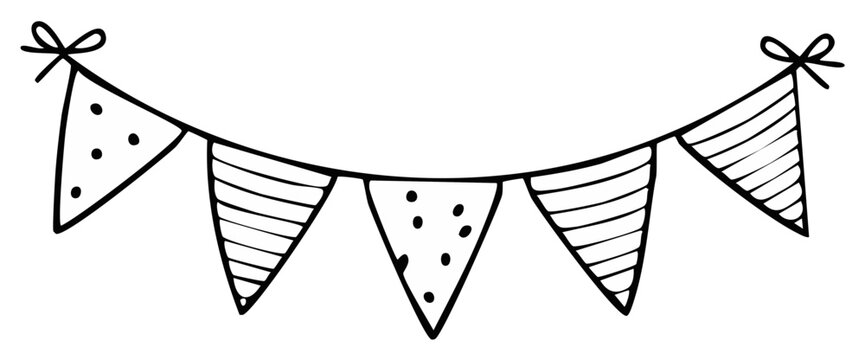 Hand-drawn illustration of pennant flags garland hanging, party celebration decoration