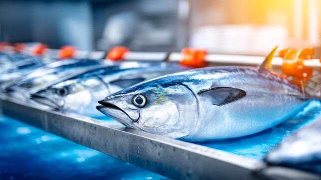 Fresh Fish Displayed on Grading Platform in Seafood Processing Facility