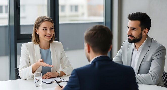 Business professionals engage in a focused conversation around a table