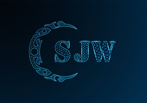 Low poly letter logo SJW design. SJW letter logo low poly vector design on blue color gradient background. SJW logo low poly design