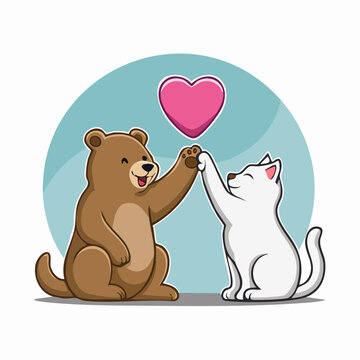 Bear and Cat Giving High Five with Heart Symbol