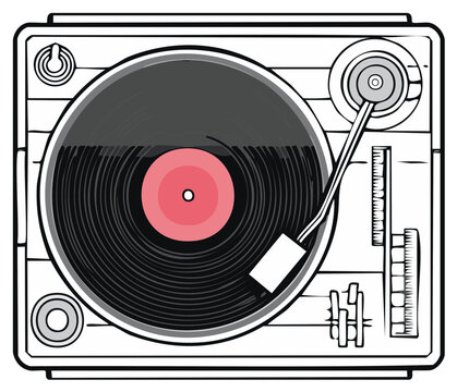 Top down view of a vintage record player with vinyl record illustration