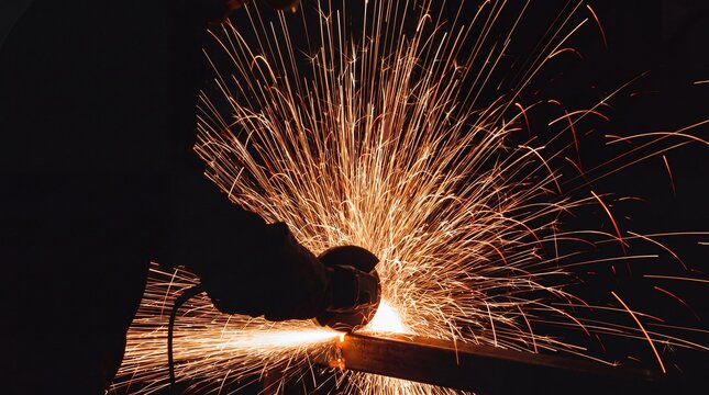metal grinding sparks explosion industrial workshop steel cutting fire sparks burst dark background power tool action energy hot metal particles dynamic light trails 4K