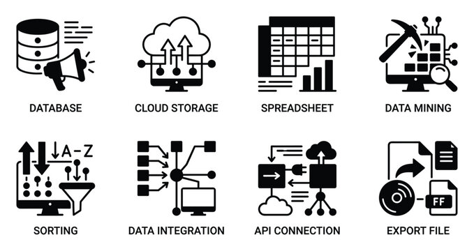 Database cloud storage spreadsheet data mining sorting data integration api connection export file icons.