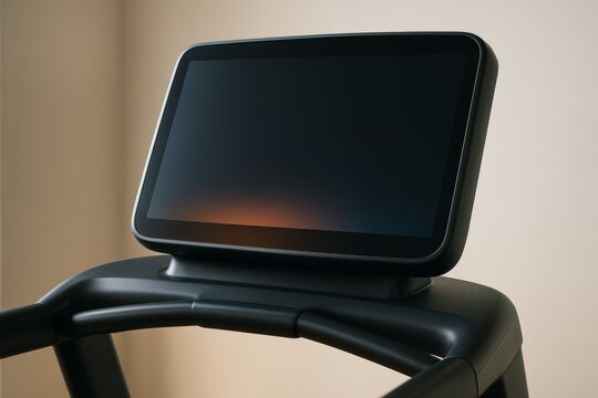 Modern treadmill display screen with soft ambient light on sleek black frame against neutral background illustrating fitness tech concept. Ai generative