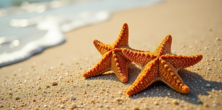 Five-pointed starfish on sun-baked sand, tide pools nearby, seashore, animal, coast