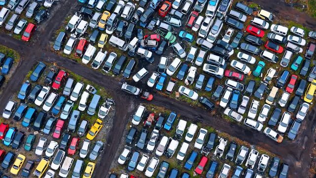 Top down aerial view of forklift moving car. Birds eye shot of a vehicle being transported by machinery within a crowded salvage yard.