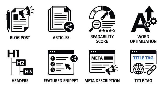 Digital marketing icons for blog post articles and word optimization seo content strategy elements.
