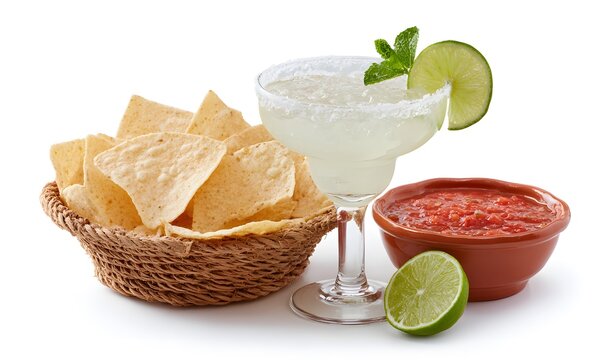 a classic lime margarita in margarita glass with salt on rim and lime garnish, basket of tortilla chips and small bowl of salsa