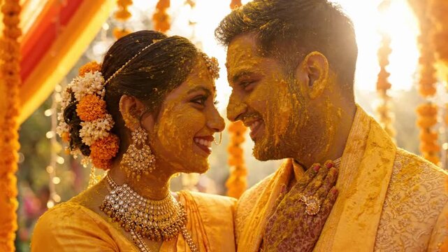 Indian couple celebrating haldi ceremony with turmeric paste on faces in warm golden light.