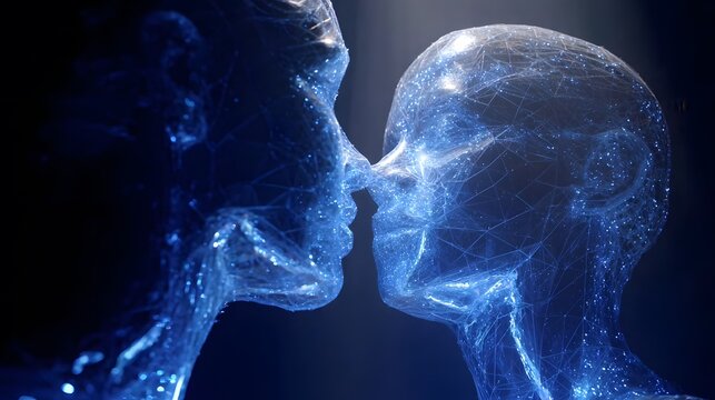 Two blue wireframe human heads touching noses in a dark background with glowing effect