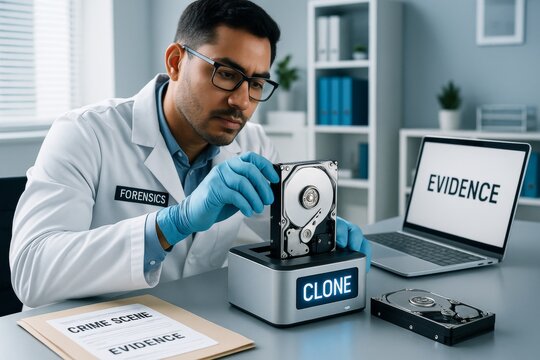 Digital forensics expert cloning hard drive as criminal evidence in modern lab with laptop and documents on light background for cyber investigation concept. Ai generative