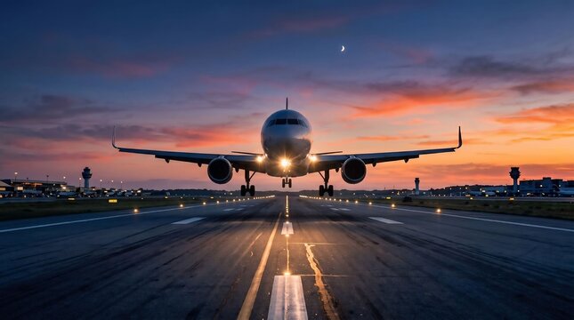 Cinematic Commercial Airplane on Airport Runway at Sunset with Dramatic Sky &ndash; Aviation Travel	
