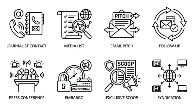 Journalist contact media list email pitch follow up press conference embargo exclusive scoop syndication.