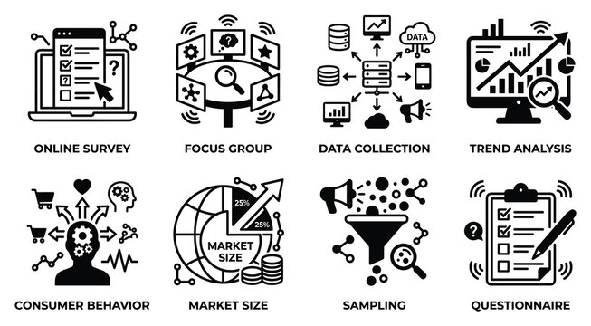 Market research and data analysis icons including consumer behavior market segmentation and trend analysis concepts.
