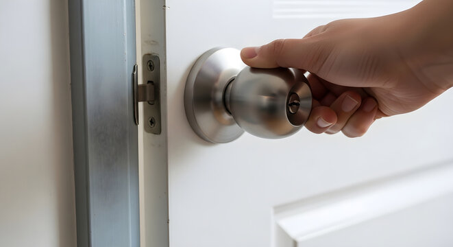 Hand turning a door knob access security and interior spaces