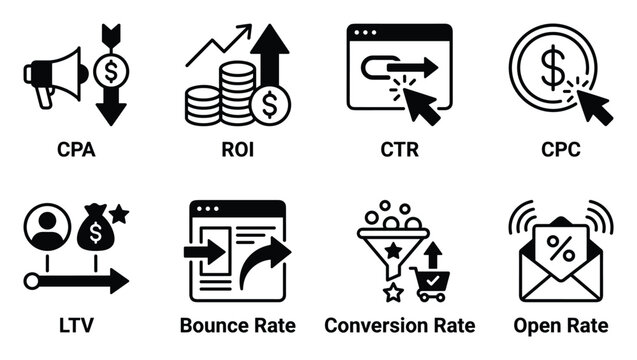 Marketing metrics icons for CPA ROI CTR CPC LTV bounce rate conversion open email rate.