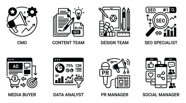 Marketing team roles icons for CMO content design SEO specialist media buyer data analyst.