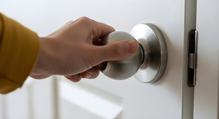 Naklejka premium Hand turning a door knob access security and the act of entering or exiting