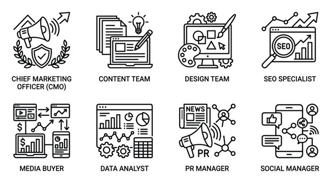 Marketing team roles icons for CMO content design SEO specialist media buyer data analyst.