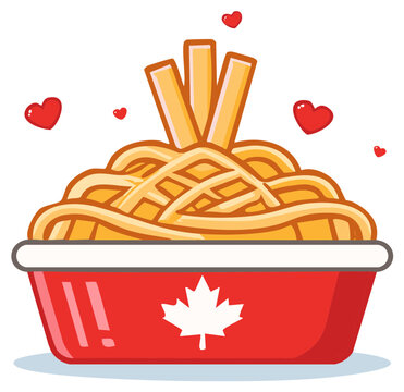 Cute Canadian poutine illustration in a red bowl with maple leaf and floating hearts