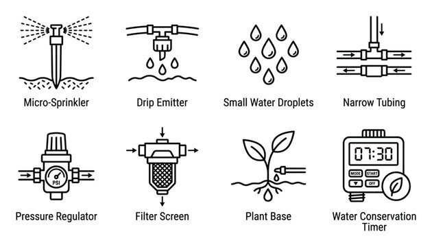 Micro sprinkler drip emitter small water droplets narrow tubing pressure regulator filter screen plant base.
