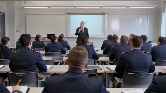 Group of military cadets attentively taking notes during a seminar, led by a professor in a classroom setting