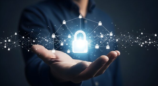 Digital Security Concept Showing Hand Holding Lock Icon with Network Connections in Dark Environment