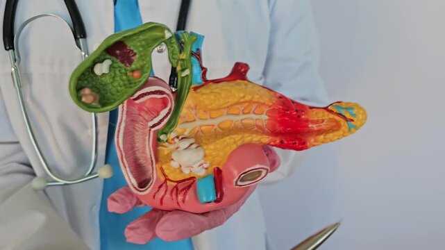 Medical professional shows model of pancreas and digestive system in detailed explanation of human anatomy