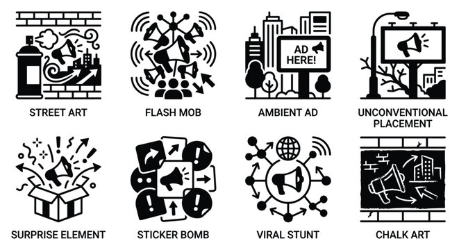 Street art flash mob ambient ad unconventional placement surprise element sticker bomb viral stunt chalk art.