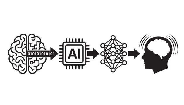 Conceptual illustration showing information flow from a human brain through an AI chip and neural network to human perception.
