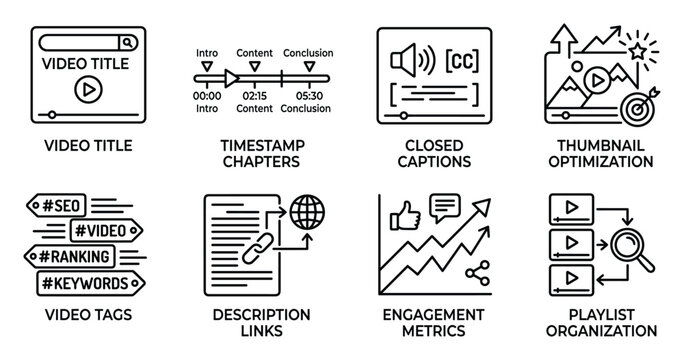 Video title timestamp chapters closed captions thumbnail optimization video tags description links engagement metrics playlist organization.