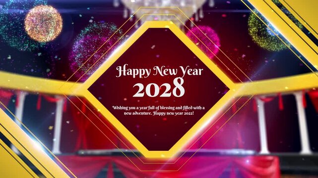Celebratory new year video template with animated red diamond shapes gold frames and colorful fireworks on stage with red curtains