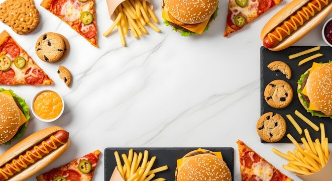 Delicious Assortment Of Fast Food And Snacks Bordering A White Marble Surface