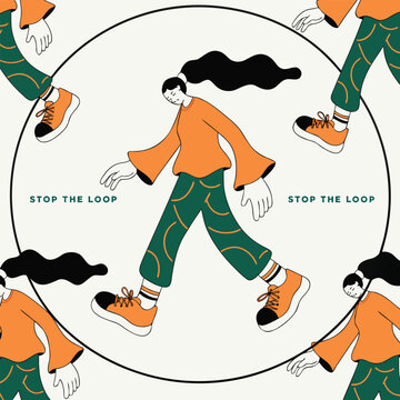 Conceptual illustration of a character walking on a circular path with Stop The Loop text