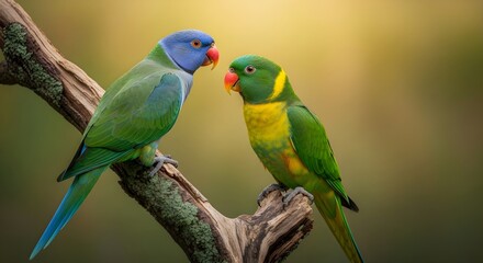 Obraz premium Two Colorful Parrots Perched Together on a Branch in Nature