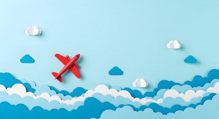 Naklejka premium Red Airplane Flying Through Clouds With A Peaceful Blue Sky