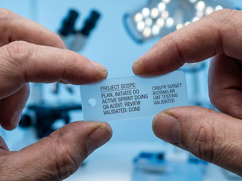 Scientist's hands carefully examine a transparent tag detailing project scope and research milestones in a biotechnology laboratory setting, focusing on validation and quality control steps