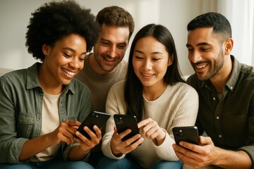 Obraz premium Group of diverse young friends using smartphones together indoors, smiling and bonding in natural light background setting. Ai generative. Ai generative