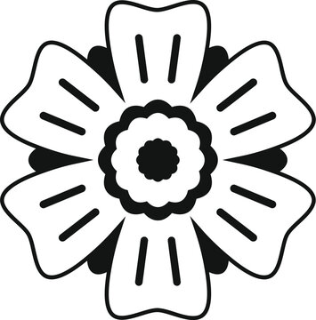 Ornate floral element presenting a simple six petal icon in monochrome