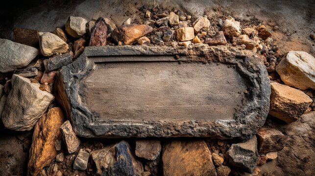 Engraved Stone Tablet Surrounded by Rocks and Pebbles in Natural Setting
