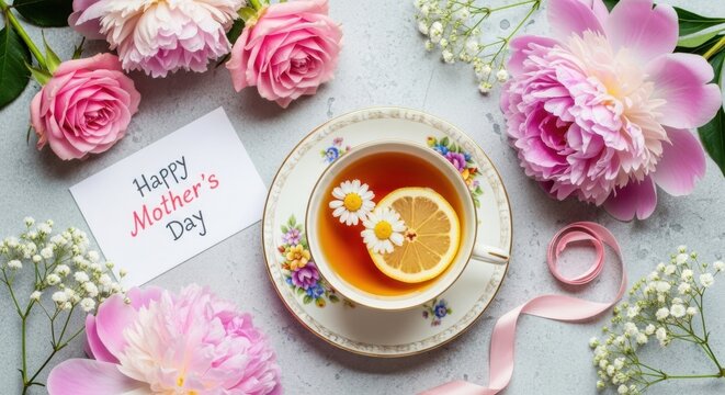 Elegant mothers day tea setting with flowers and a card