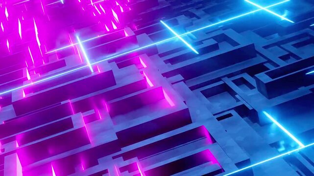 Seamless loop of a high-tech digital grid with neon laser lines and dark geometric blocks in 4K resolution for AI and cloud computing backgrounds.
